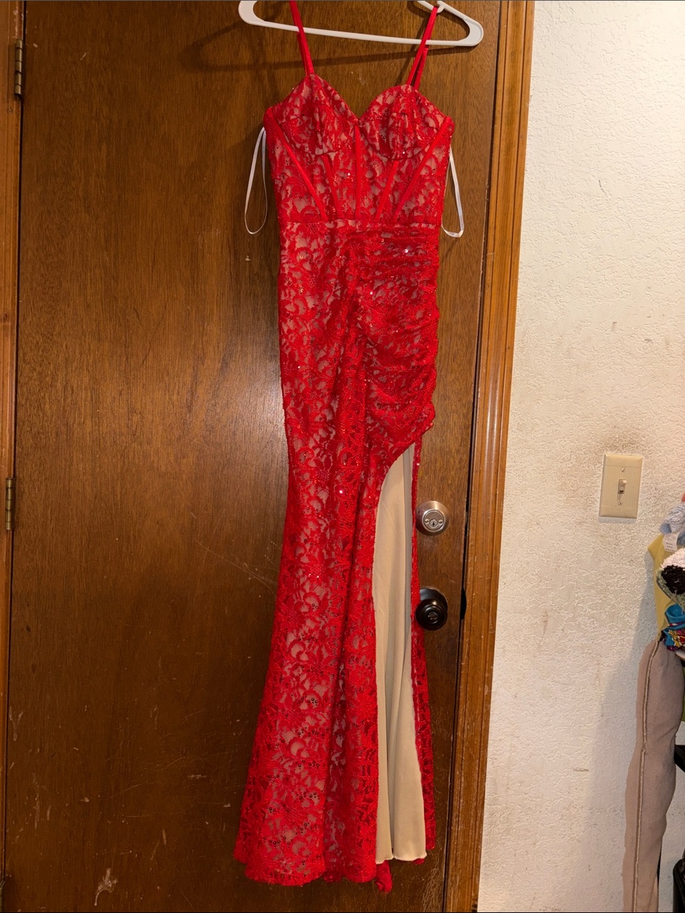 Camilla Red Lace Evening Gown with Side Slit